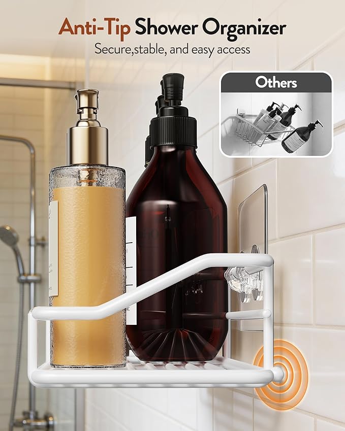 Orimade Bathroom Shelf Organizer Shower Caddy Storage Kitchen Rack with Traceless Transparent Adhesive No Drilling SUS304 Stainless Steel, 15.75inch, White