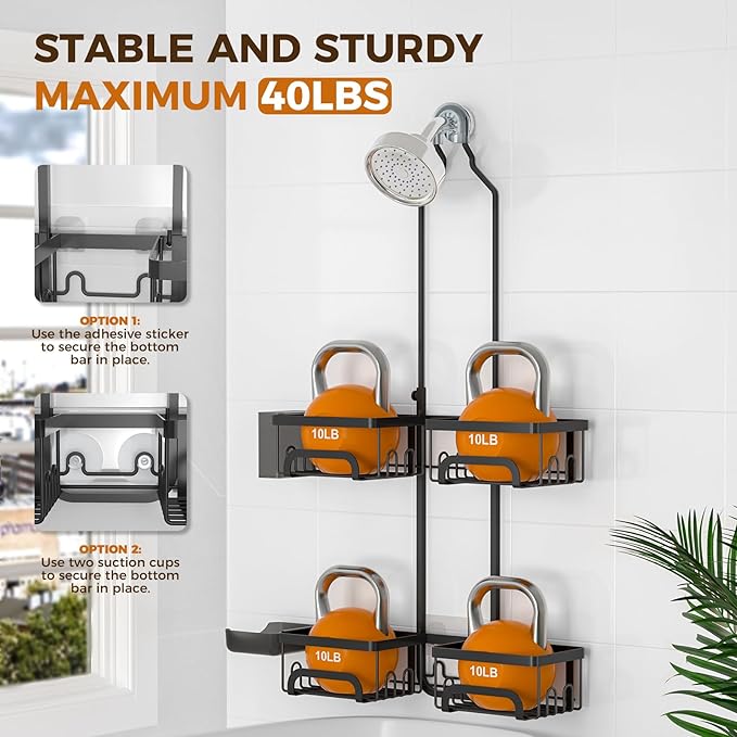 REINHARDT Shower Caddy Hanging for Handheld Showerheads Adjustable Split Shower Caddy, Rustproof Shower Organizer with Hooks for Razors Over the Head Caddy with Soap Holder Bathroom Accessories, Black