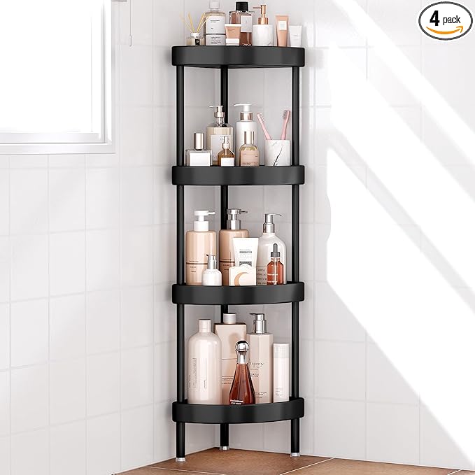 Nieifi Corner Shower Caddy Stand-4 Tier Rustproof Anodized Aluminum Standing Shower Organizer-Shower Caddy Corner-Dual Stability to Anti-Shaking-Height-Adjustable Legs for Uneven Surfaces-Black