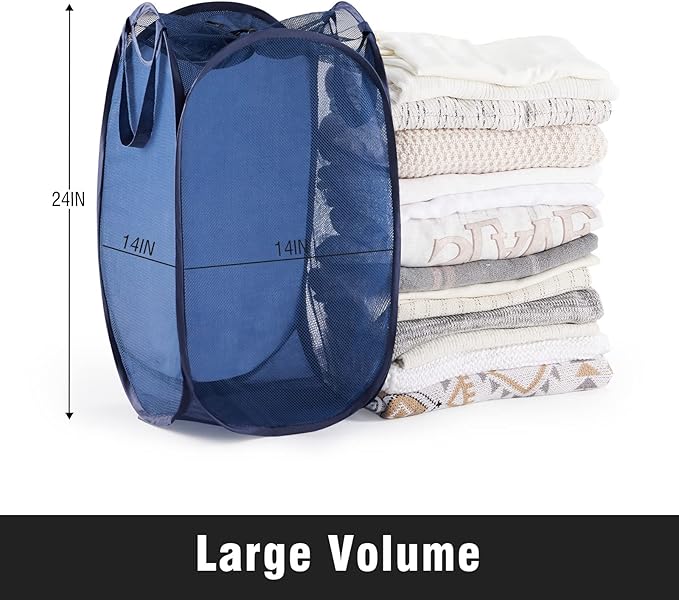 TECHMILLY Collapsible Mesh Pop Up Laundry Hamper with Sturdy Handles and Side Pocket - Portable Foldable Clothes Baskets for Dorm, Bathroom & Travel Storage (with Drawstring, Blue)