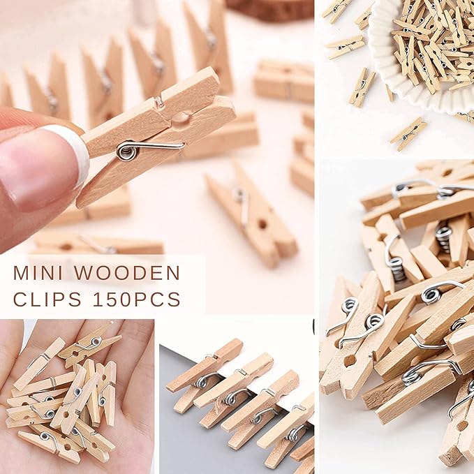 Sturdy Mini Clothes Pins for Photo, 150 Pcs 1 Inch Natural Wooden Clothespins with 33 FT Jute Twine, Small Clips for Crafts Display, Baby Shower Game, Hanging Decorative Pictures, Cocktail, Weddings