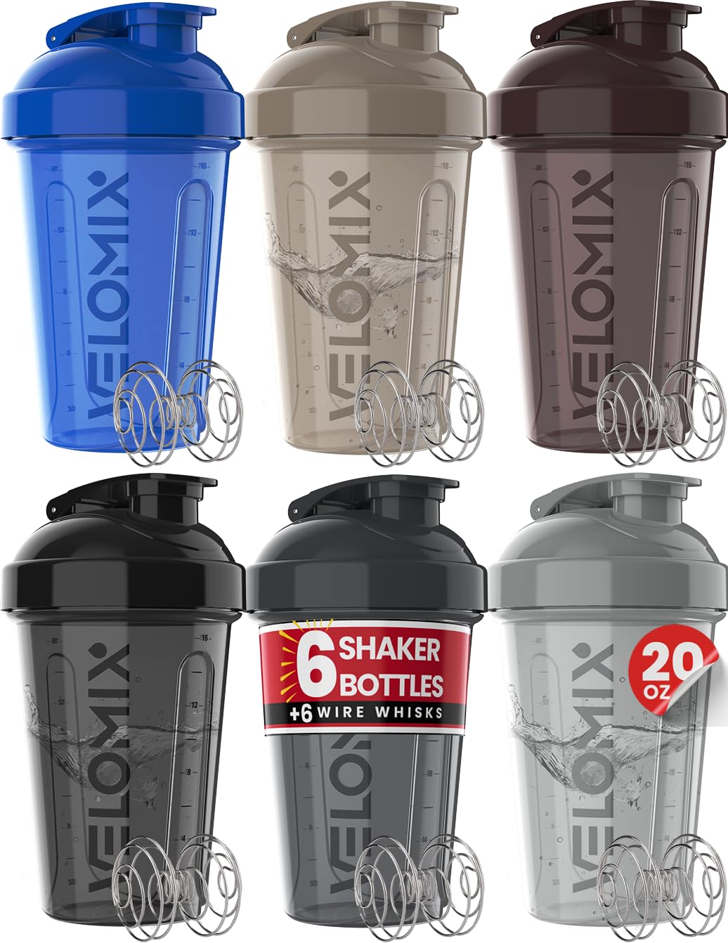VELOMIX 6 Pack 20oz Protein Shaker Bottle for Protein Mixes, Muted Contrast
