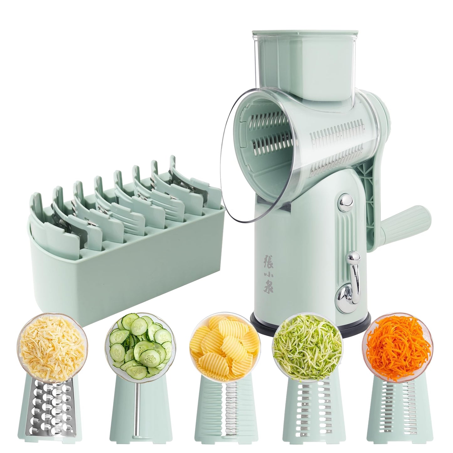 Rotary Cheese Grater 5 Blades Mandoline Slicer for Vegetable, Green