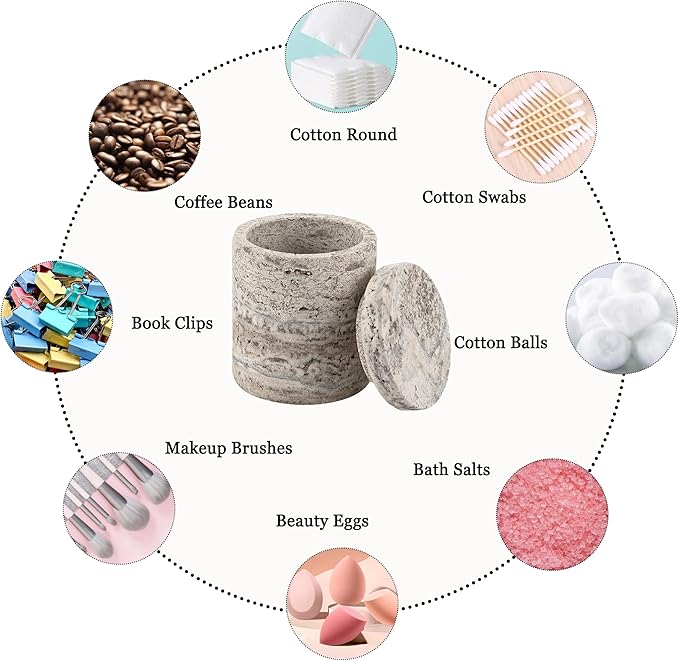 Natural Marble Canister, Cotton Swab Holder with Lid, High Capacity Bathroom Qtip Holder Storage for Cotton Swab, Floss Picks, Makeup Pad, Bath Salt, Gray Travertine(NS017)