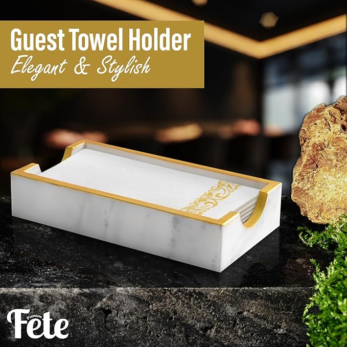 Fete Marble Tray for Bathroom - Guest Towel Holder Tray - 4 x 10 - White Marble
