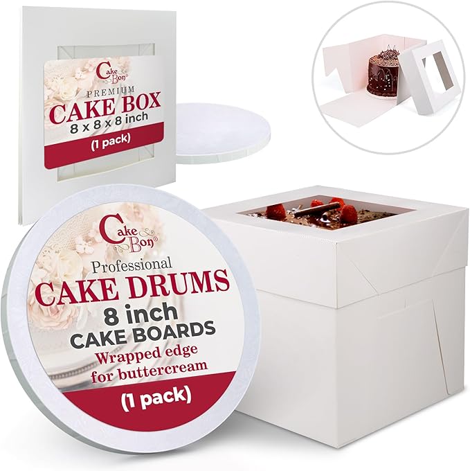 Cakebon Cake Box with Boards 8" White Round Wrapped Cake Drum 6Pack