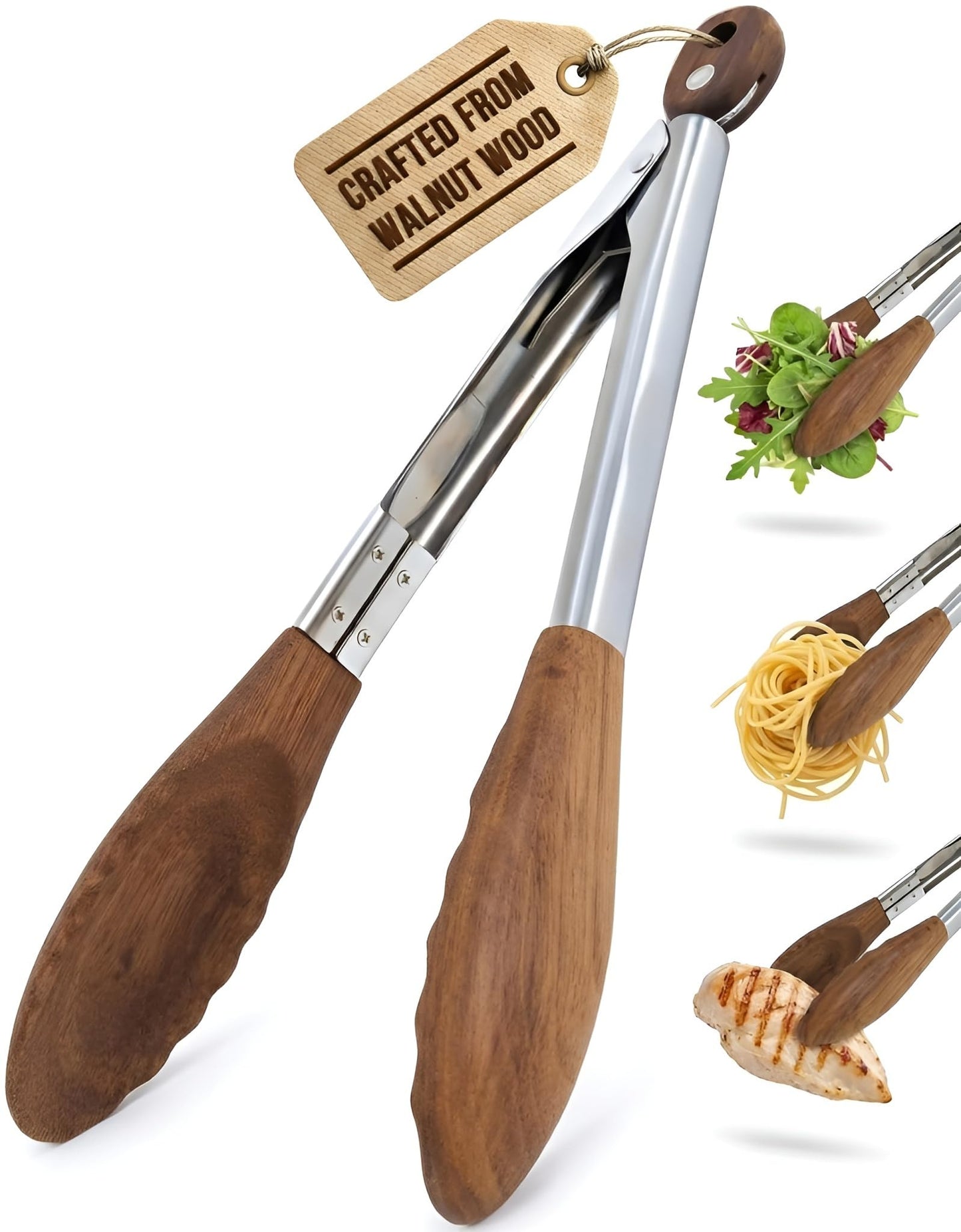 Boxiki Kitchen Walnut Wood Tongs for Cooking, Serving, Grilling and Salad