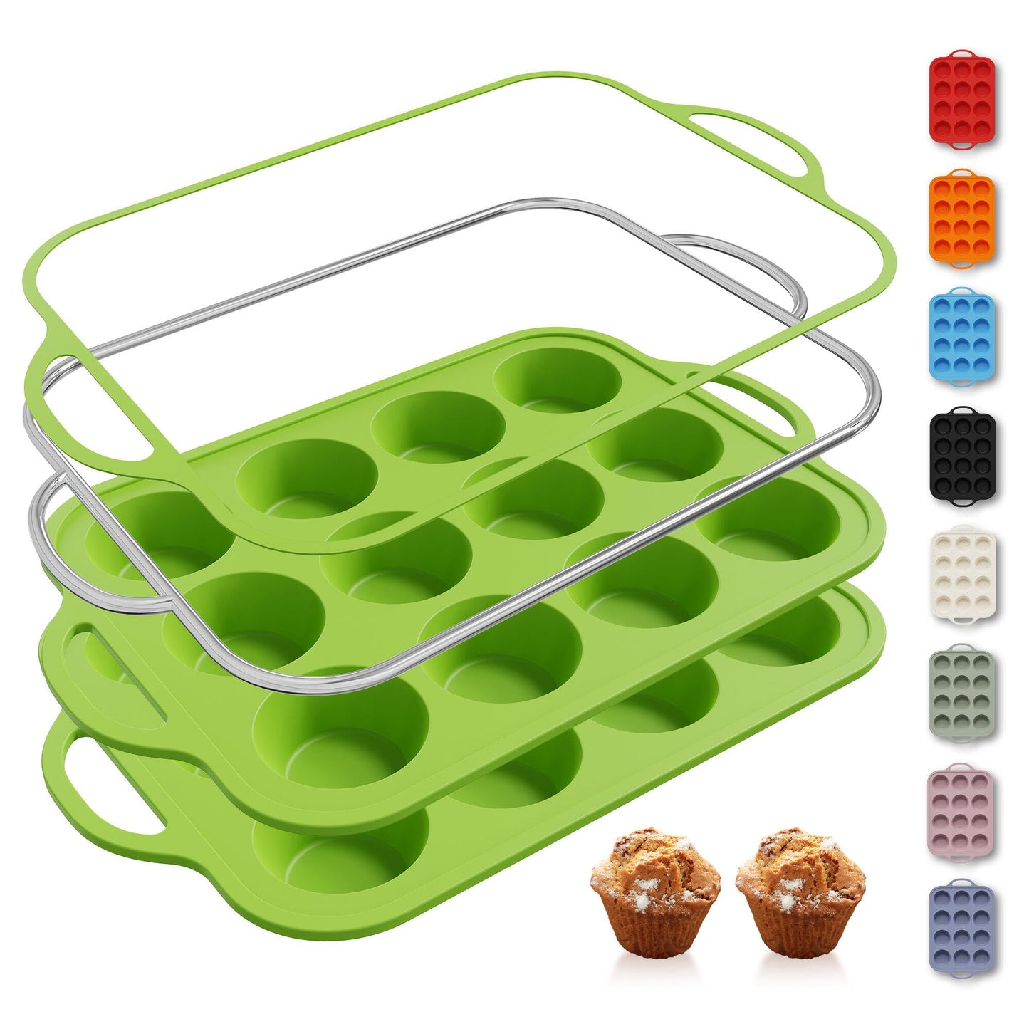 2 Packs 12 Cups Silicone Muffin Pan for Baking with Metal Reinforced Frame Regular Size Cupcake Pan Tray Chocolate Egg Pizza Bites Oven Top Cookie Molds Muffin Tin Tart Pans Sheet Set Bakeware Liner