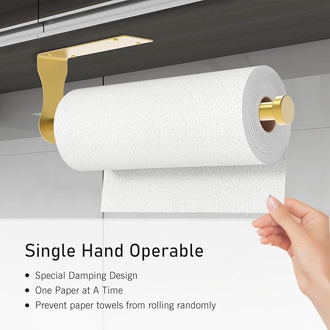 SetSail Paper Towel Holder, Single Hand Operable Paper Towel Holder Under Cabinet with Adjustable Damper Easy Tear Wall Mount Self-Adhesive or Drilled for Kitchen Bathroom, Gold