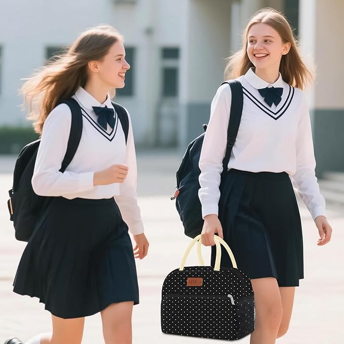 Coobiiya Lunch Bag Women,Lunch Box LunchBag for Women Adult Men, Small Leakproof Cute Lunch Tote Large Capacity Reusable Insulated Cooler Lunch Container for Work/Office/Picnic/Travel-Black Polka Dot