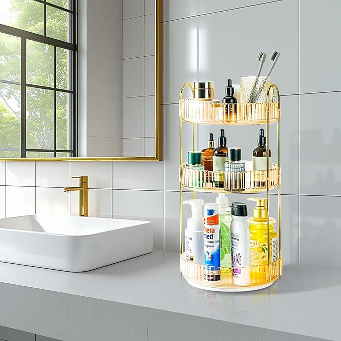 360 Rotating Makeup Organizer - Large Capacity Spinning Perfume & Cosmetic Skincare Holder for Vanity & Countertop (Vibrant Orange, 3 Tier)