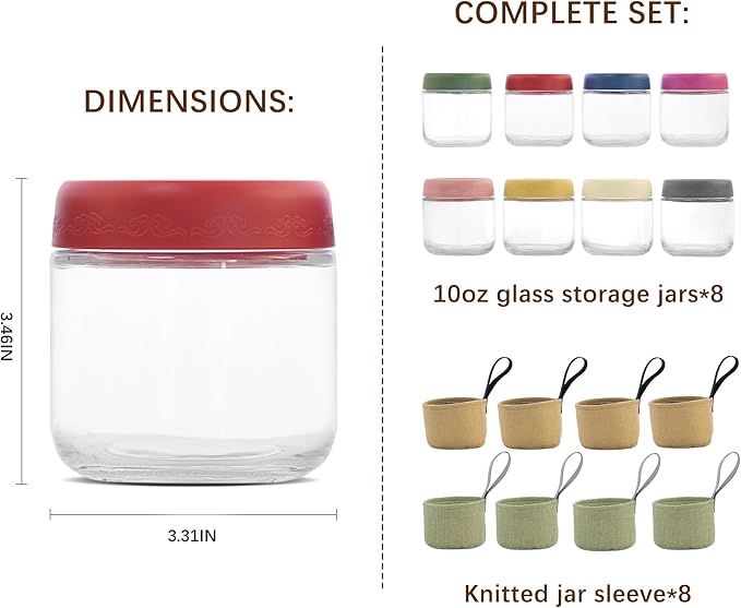 10 OZ 8 Pack Overnight Oats Jars with Airtight Lids and Jar Sleeve, Glass Containers for Meal Prep, Leak-Proof Food Storage Jars for Yogurt, Pudding & Healthy Breakfast (10oz-8 Pack)