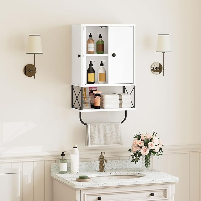 Bathroom Wall Cabinet with 2 Door and Adjustable Shelf, Farmhouse Medicine Cabinet with Towel Rack, 3-Tier Wall Mounted Storage Cabinet Over The Toilet for Bathroom Laundry Room, White