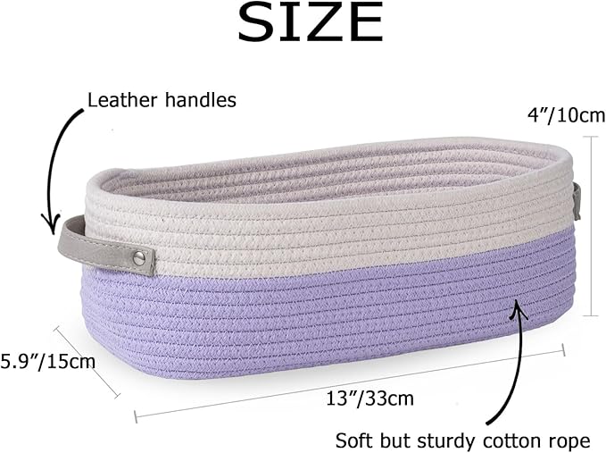 2 Pack Small Cotton Rope Woven Basket Toilet Paper Baskets for Organizing Decorative Baskets for Boho Decor Small Storage Basket 13"x5.9"x4" Purple