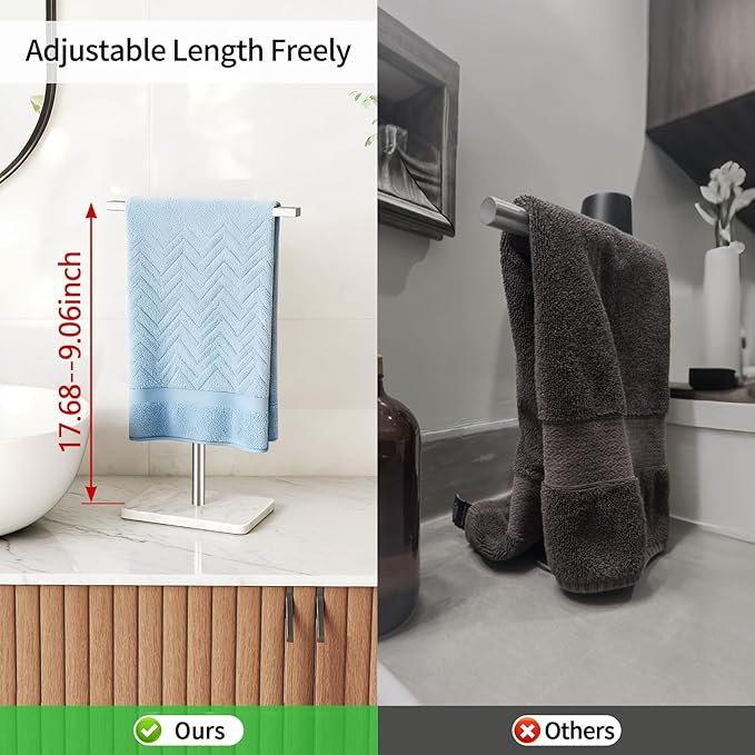 Hand Towel Holder Stand, T-Shape Hand Towel Rack for Bathroom, Hand Towel Stainless Steel for Kitchen Vanity Countertop, Marble Base Brushed Adjustable 9.06" -17.68"