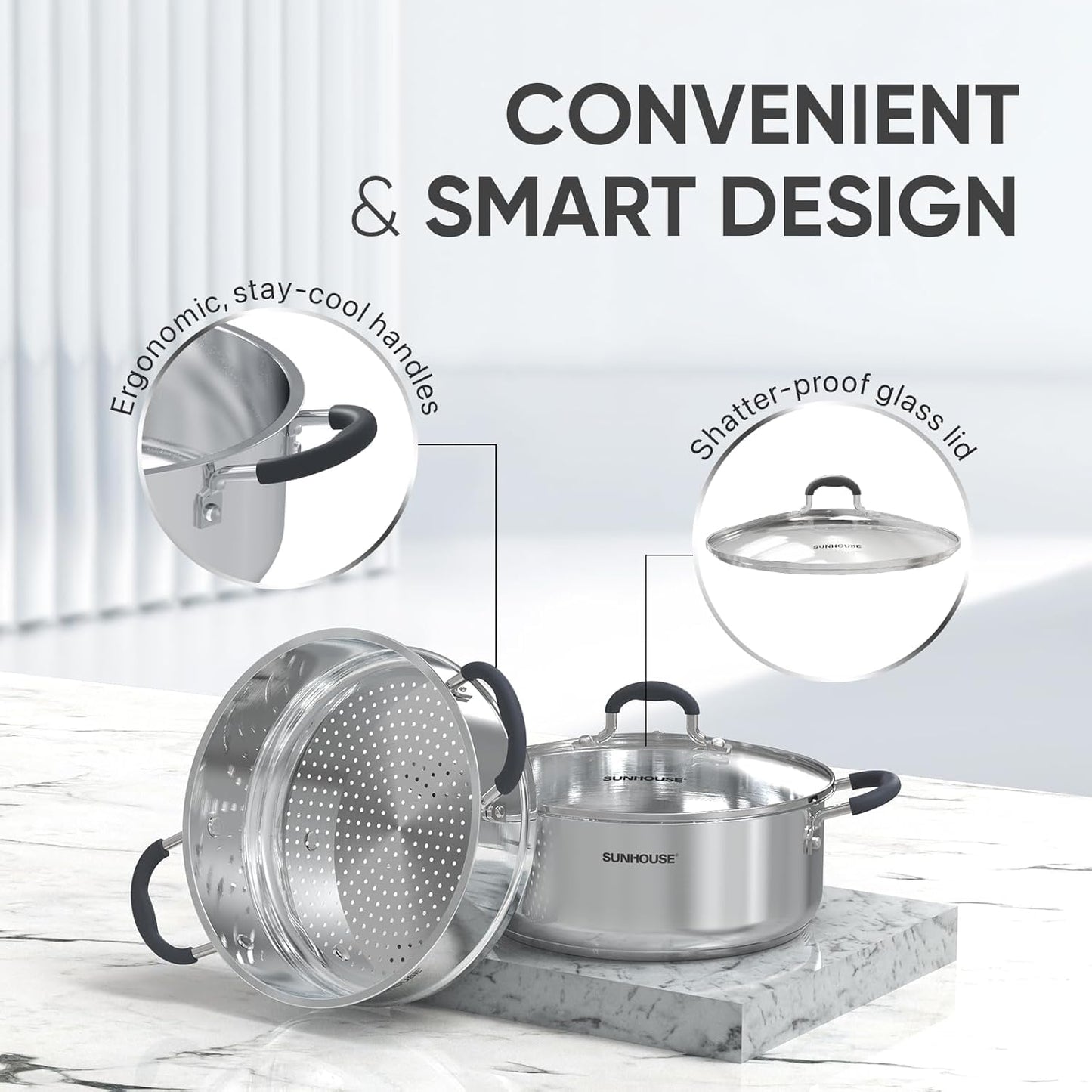 Sunhouse: 2-Tier Stainless Steel Steamer Pots - 5.5 Quart - Tempered Glass Lid, 3-Ply Bottom, Vegetable-Dumpling-Food Cookware, Dishwasher & Oven Safe