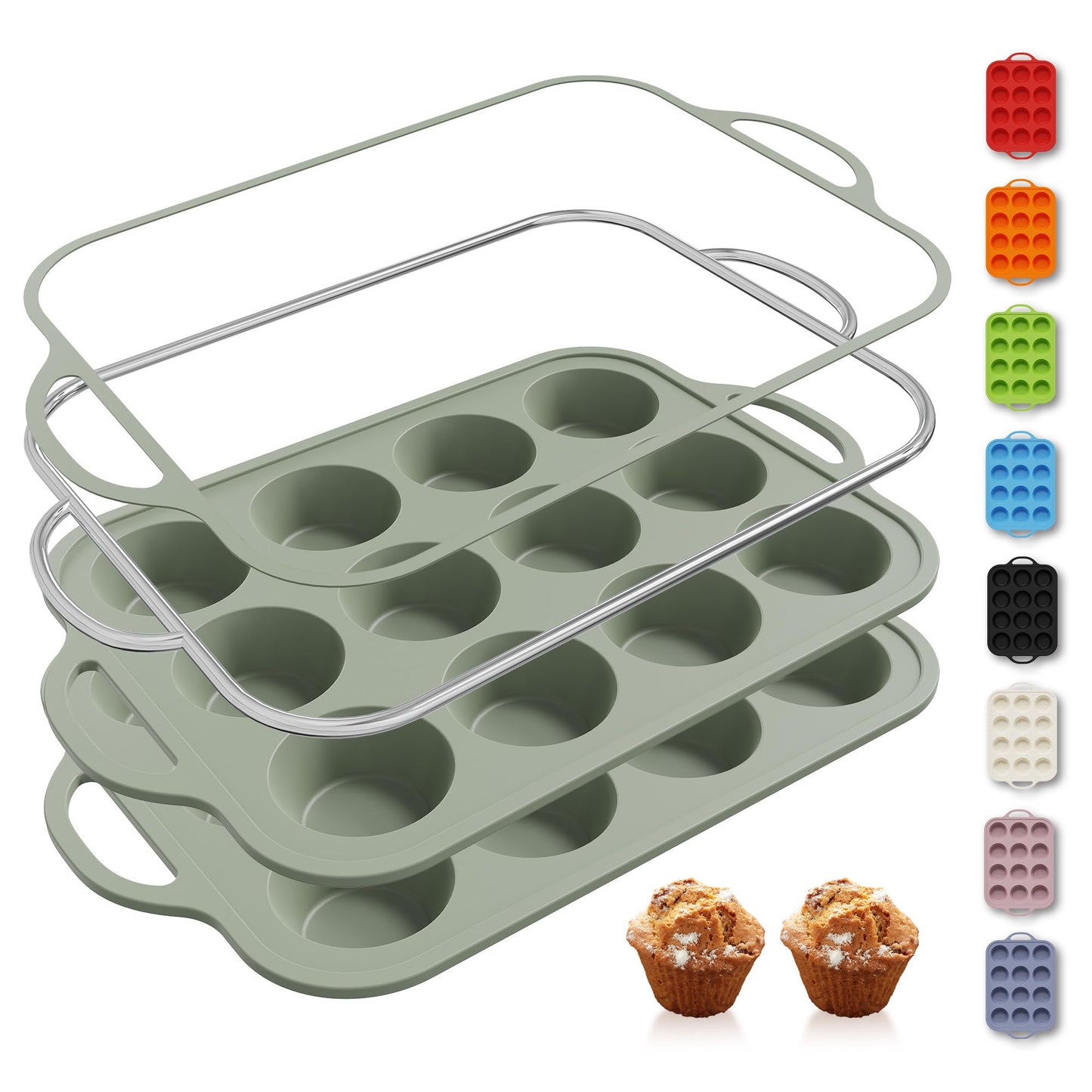 2 Packs 12 Cups Silicone Muffin Pan for Baking with Metal Reinforced Frame Regular Size Cupcake Pan Tray Chocolate Egg Pizza Bites Oven Top Cookie Molds Muffin Tin Tart Pans Sheet Set Bakeware Liner