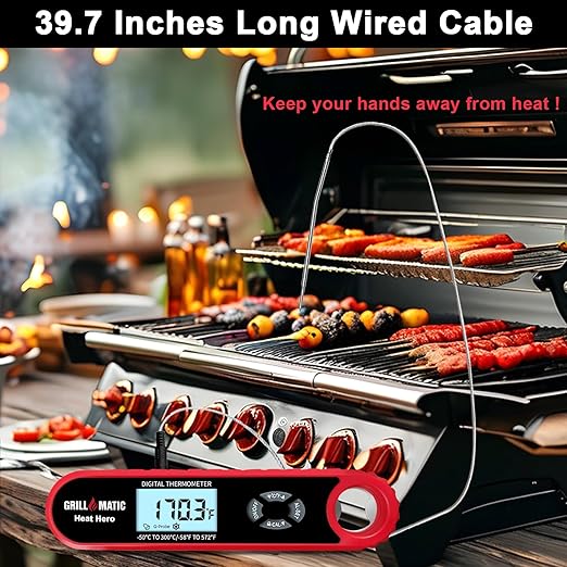 GRILLMATIC Heat Hero Digital Instant Read Meat Thermometer for Cooking and Baking with Backlight, Hold Function & Magnet for Kitchen, Beef, Grill, BBQ, Candy and Turkey