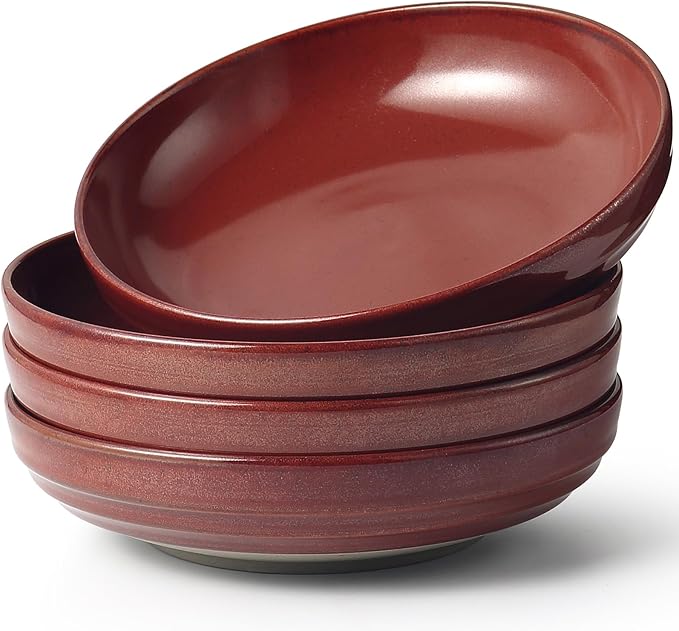 HAPPY KIT 9'' Pasta Bowls, 42oz, Stoneware Set of 4, DarkRuby