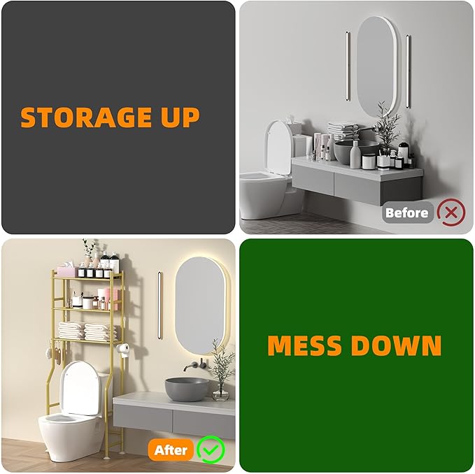 3-Tier Over The Toilet Storage, Space Saver Metal Bathroom Shelves, Freestanding Above Over Toilet Storage Shelf with 4 Hooks for Bathroom, Gold