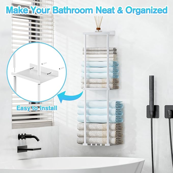 Towel Rack for Bathroom, Wall Mounted Vertical Rolled Towel Storage Organizer Holder with Shelf, Holds Up 6 Large Bath Sheets, White