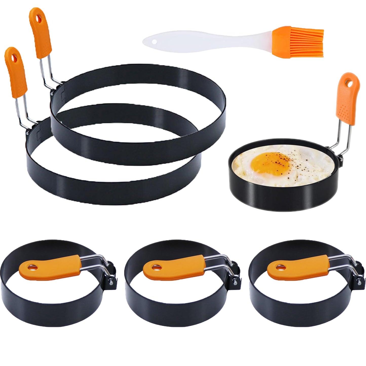 3.5" Egg Rings Set of 4 with Silicone Handle, Large Ring for Frying Eggs, Round Mold for English Muffins - Griddle Cooking Shaper for Indoor Camping Breakfast Sandwiches w/Silicone Oil Brush