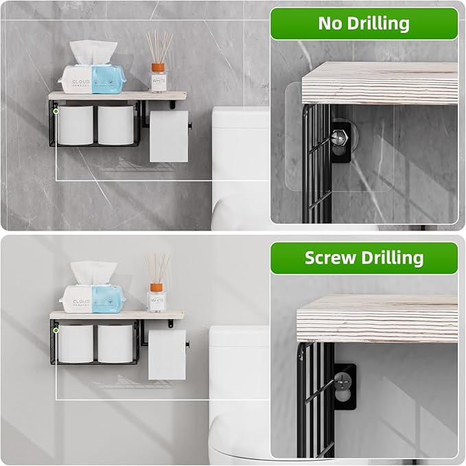 VITVITI Toilet Paper Holder with Shelf, Wall Mounted Toilet Paper Storage Basket, Wood Metal Toilet Roll and Wipes Holder for Bathroom Farmhouse (Vintage White)