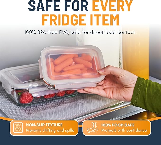 Refrigerator Liners for Shelves (8 Pack) by Linda’s Essentials - Non-Adhesive Drawer and Shelf Liner, BPA-Free Fridge Mats for Kitchen & Cabinets, Easy to Clean, Ideal Household Essentials (Clear)