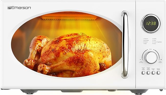 Emerson MWRG0901RD 0.9 Cu. Ft. Retro Microwave with 1,000W Grill Function, 800W Cooking Power, LED Display, 5 Power Levels, 8 Auto Menus, Glass Turntable, Child Lock, Red Countertop Design