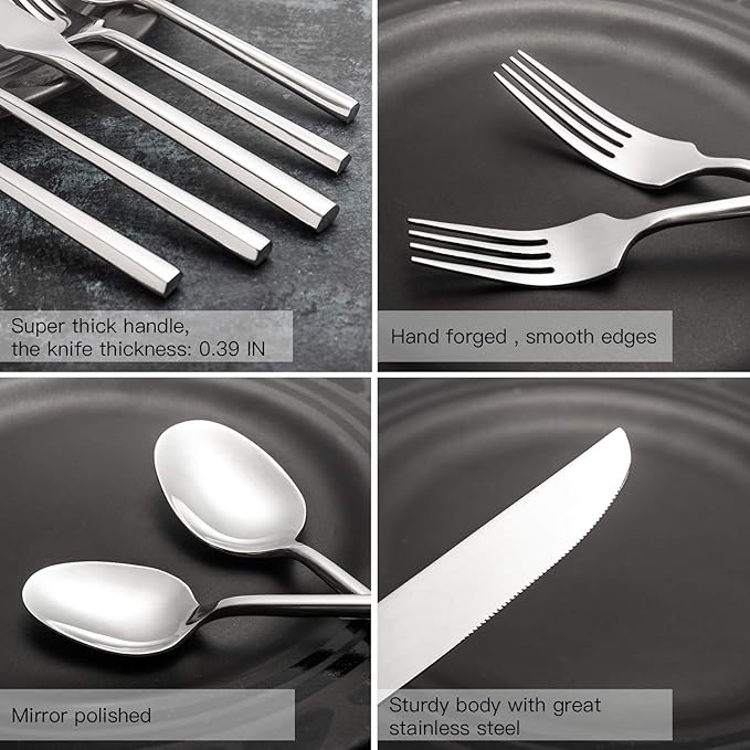 Kelenfer Hand Forged Stainless Steel Flatware Set Silverware Set Cutlery Set Hexagon Handle 5 Pieces Service for 1