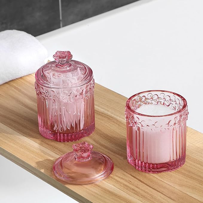 rejomiik 2 Pack Qtip Holder Glass Apothecary Jars with Lids Bathroom Accessories Vanity Organizers and Makeup Storage Canister for Cotton Swabs, Balls, Pads, Floss Picks, Candy, Pink