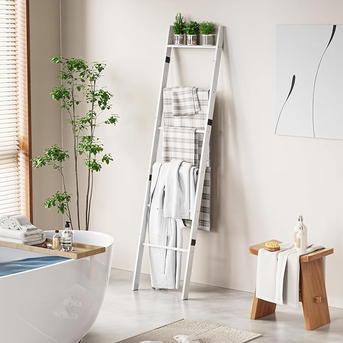 BAMBANG 6-Tier Blanket Ladder for Living Room, Blanket Quilt Ladder Rack Rustic Decorative Towel Holder, Wall Leaning Blanket Ladder Shelf Storage Farmhouse Decor for Bedroom Bathroom, White