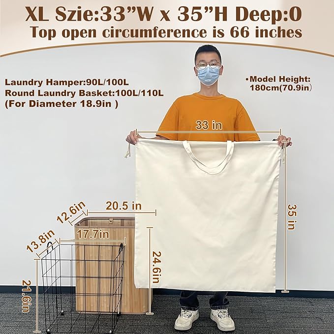 Canvas Laundry Bag 33"Wx 35"H, Thick Canvas Laundry Bag with Handles & Drawstring, Extra Large Heavy Duty Washable Basket Liner Hamper Liner Storage Sack (Beige XL, 2 Pack)