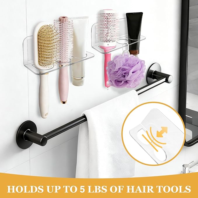 2-Pack Acrylic Hair Brush Holder Wall Mounted, Bathroom Organizer with Industrial Adhesive for Combs, Round Brushes, Hair Tools, Space Saving Design (Transparent)