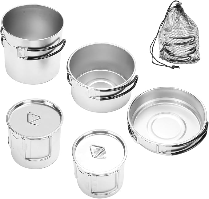 Aomiun 5PCS Stainless Steel Camping Cooking Set Cookware Mess Kit Cook Pots and Pan Set with Cups & Storage Bag, Lightweight Camping Cookware for Hiking Backpacking Outdoor Cooking and