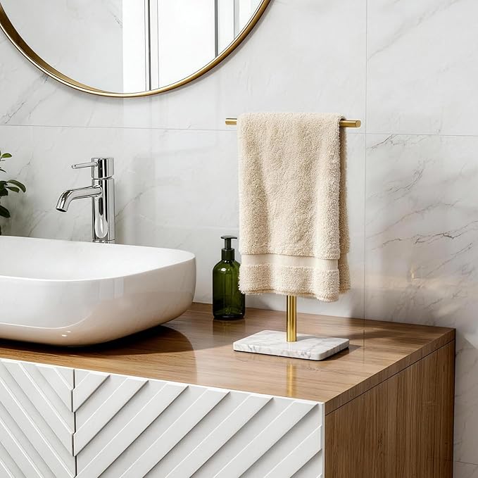 Hand Towel Holder, T-Shape Gold Hand Towel Stand for Bathroom, Towel Rack with Stainless Steel for Kitchen Vanity Countertop, Marble Base Adjustable 9.06inch -17.68inch