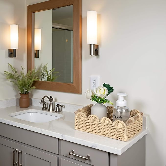 CubesLand Bathroom Basket Organizer, Toilet Tank Paper Storage Baskets 2-Pack, Scalloped Decorative Basket for Countertop w/Handle, Wicker Basket for Bathroom Decor, Home Decor, Living Room, Beige