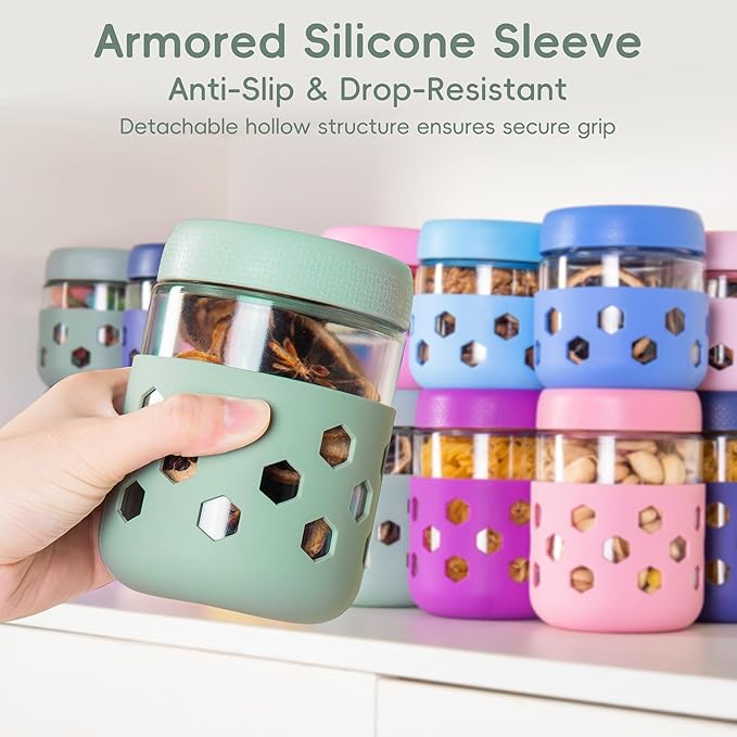 Gemice 8-Pack 16oz & 10oz Overnight Oats Containers with Lids & Silicone Sleeves, Glass Mason Jars with Airtight Lid, Wide Mouth Chia Seed Pudding Meal Prep Jar for Yogurt Berries Snack