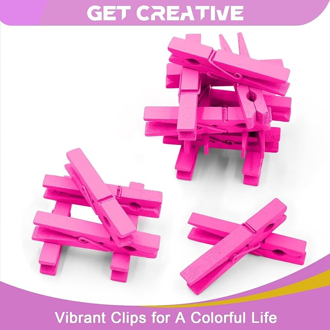 100 Pack Wooden Clothespins for Crafts, Colored Clothes Pins for Hanging Pictures Clothing Classroom, 2.9 Inch Hot Pink