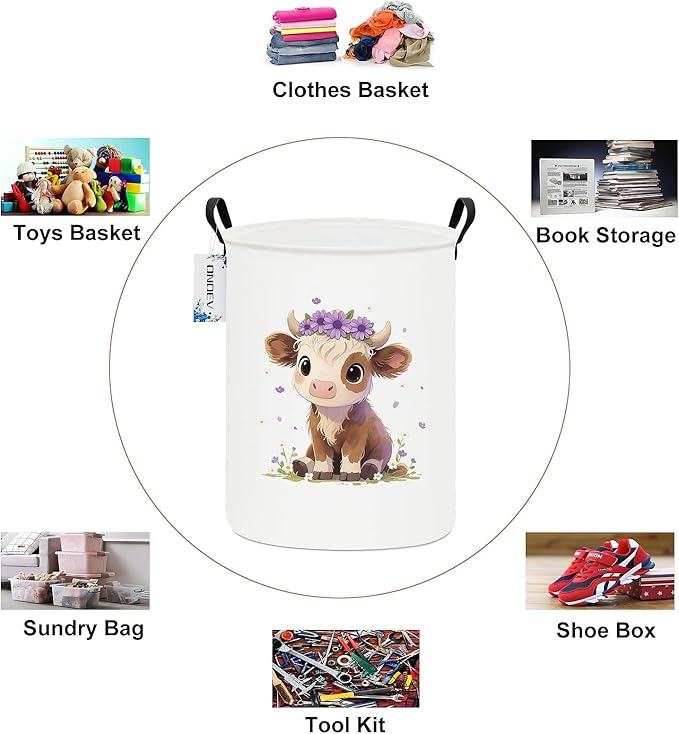 Round waterproof laundry basket,laundry Hampers with handle,gift basket,suitable for children's room and toy storage (Cute calf)