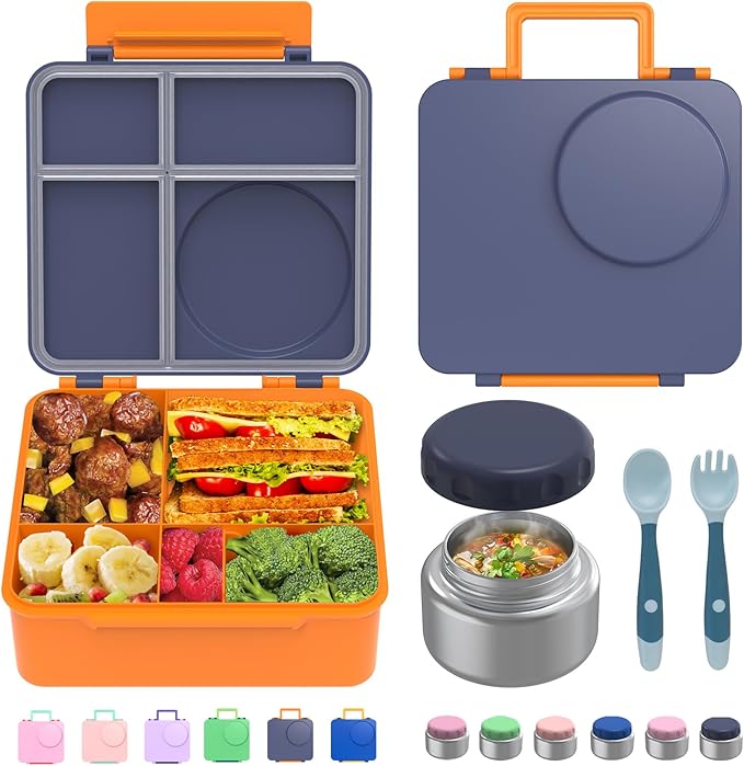 JoyYum Bento Box for Kids - Leak-Proof Bento Lunch Box with Insulated Thermo Food Jar - 4 Compartments, 1 Removable Divider, 1 Spoon, 1 Fork - Dishwasher Safe, BPA-Free (Light pink)