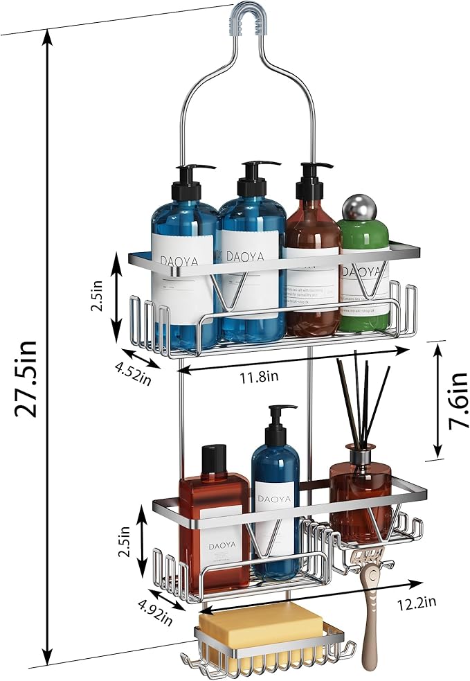 Shower Caddy Hanging - Over the Shower Head Caddy with 2 Baskets, Soap Holder & Razor Holder, Non-Slip Rubber Pads, U-Shaped Hooks and Adhesive Pads for Bathroom Organization - Silver