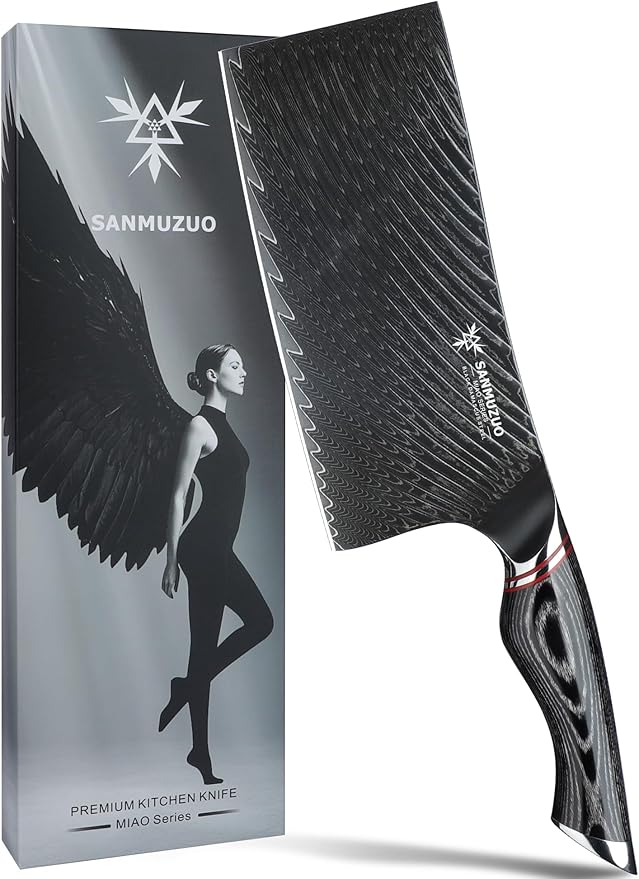 SANMUZUO 7 Inch Meat Cleaver Knife - Chinese Kitchen Vegetable Cleaver - Black Damascus Steel with Ergonomic Handle - MIAO Series