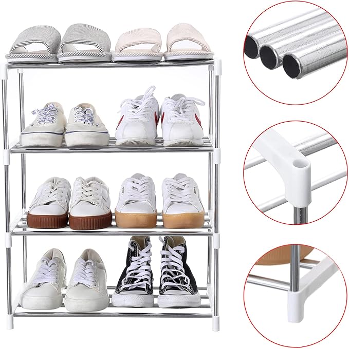 Stackable Small Shoe Rack, Entryway, Hallway and Closet Space Saving Storage and Organization (4-Tier, White)