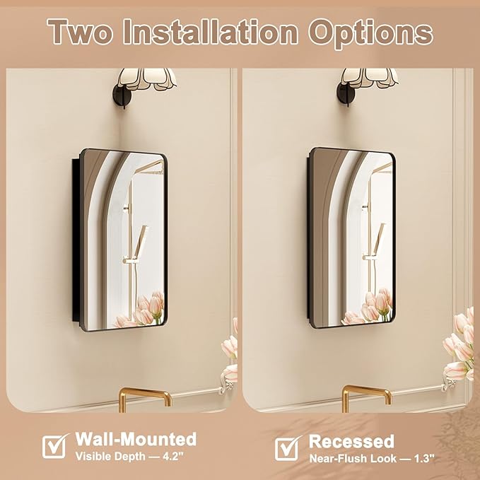 Medicine Cabinet with Mirror, 16x24 Fully Assembled Recessed or Wall-Mounted Bathroom Mirrored Cabinet with Adjustable Storage Shelves for Vanity, Metal, Black