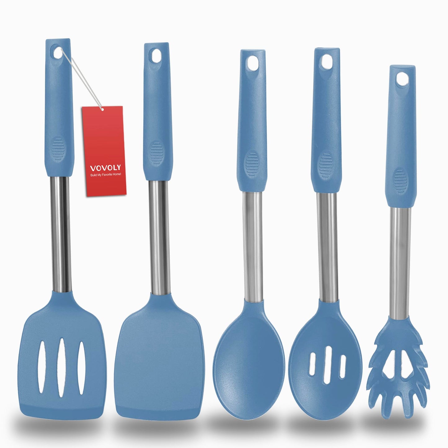 Silicone Spatula and Cooking Spoon,5 Pack Non-Stick Cooking Utensils for Kitchen，Heat Resistant Solid & Slotted Spoons and Spatulas, Stainless Steel Handle Coated with Silicone, Khaki