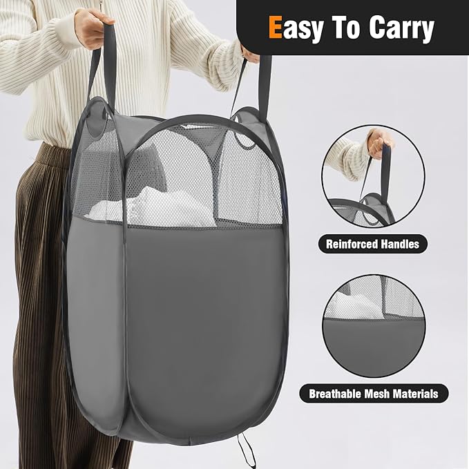 TECHMILLY Pop Up Foldable Laundry Basket, Mesh Laundry Hamper with Reinforced Handles for Dirty Clothes Storage in Dorm, Laundry Room, Bathroom, Grey(Fabric)