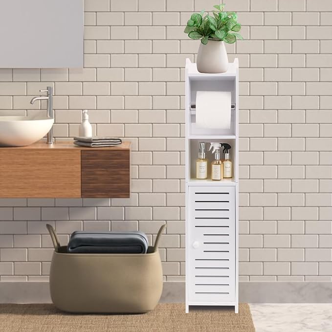 ShellKingdom Toilet Paper Holder Stand with Rods, Small Bathroom Storage Cabinet with Doors and Shelves, Slim Storage Cabinet for Bathroom Small Spaces Corner Floor - White