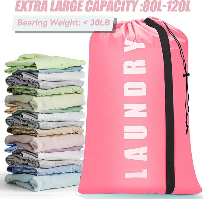 Heavy Duty Laundry Bag with Strap,2 Pack Travel Laundry Bags for Dirty Clothes,24" x 36" Large Laundry Bag for Traveling,Camping,Dorm (Cyan + Pink)