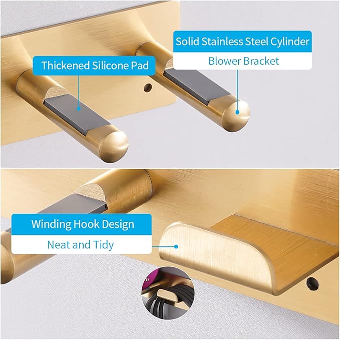 Hair Dryer Holder, Self Adhesive Blow Dryer Holder, Stainless Steel Hair Dryer Stand, Hair Dryer Holder Wall Mounted Compatible with Dyson Blow Dryer Gold